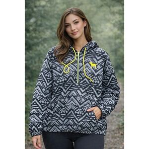 Victoria's Secret PINK Windbreaker Half Zip Pullover Grey Aztec Neon Yellow M